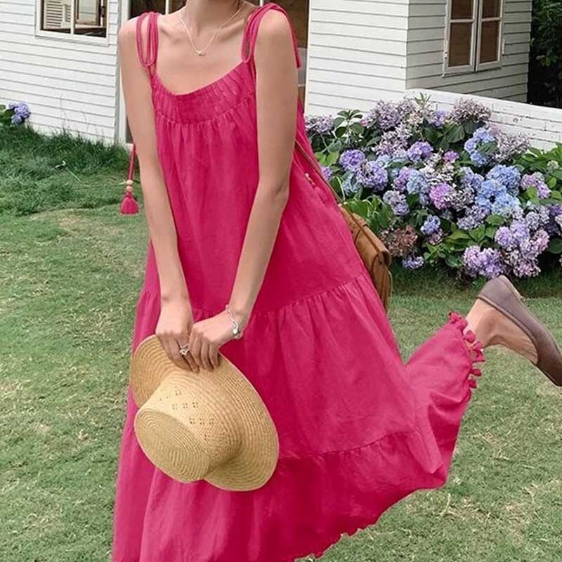 夏季度假风火龙果色绑带连衣裙女