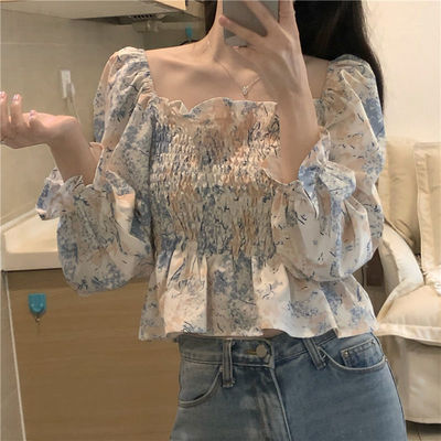 设计感法式方领长袖雪纺衬衫上衣