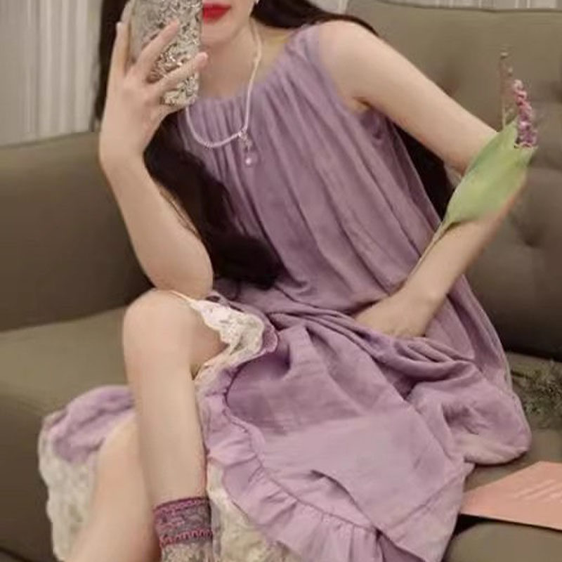 度假慵懒风蕾丝拼接无袖连衣裙女