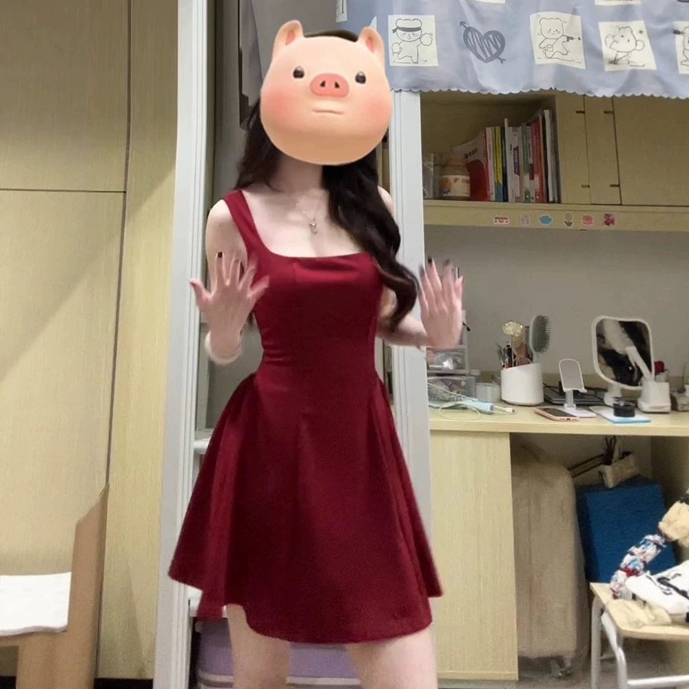 夏季韩系小个子收腰红色吊带裙女