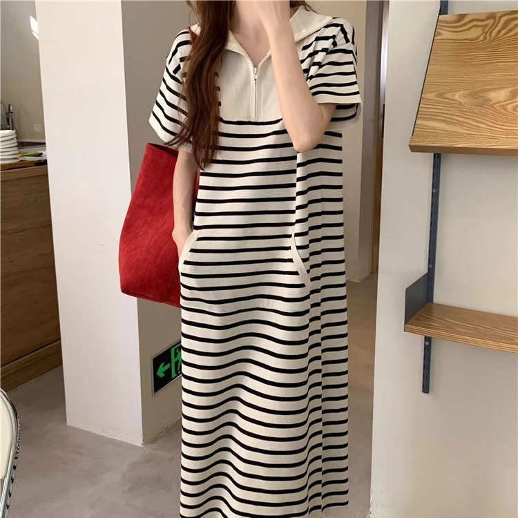 polo领条纹短袖针织连衣裙女春夏宽松慵懒风直筒休闲长款t恤裙子