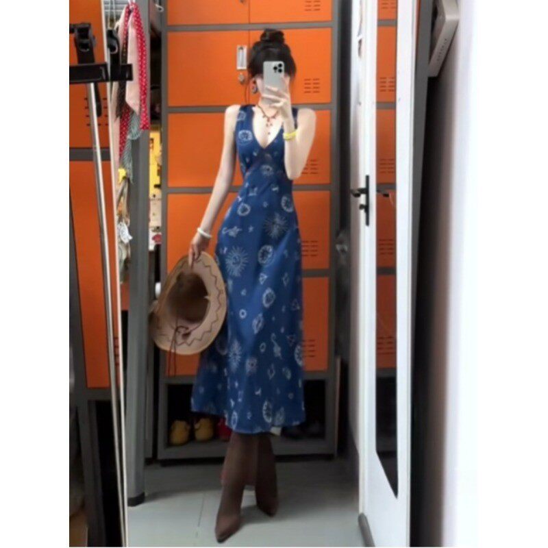 夏季法式复古蓝V领挂脖碎花裙女