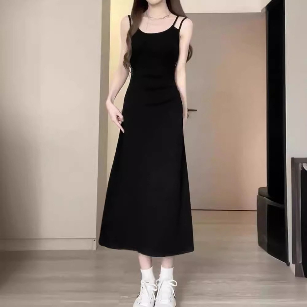 A字裙新款纯色双吊带连衣裙女