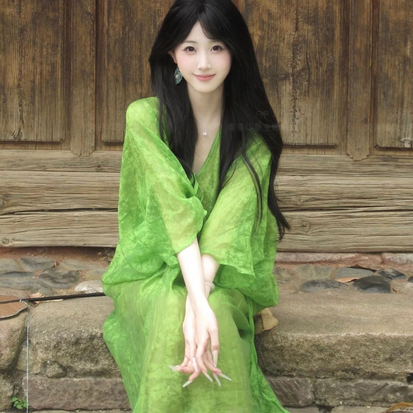 秋季V领绿色轻薄透视度假衬衫裙