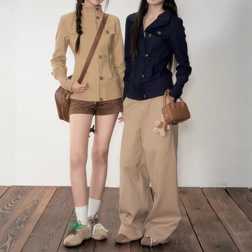 Soote Season 原创韩系复古修身显瘦拉链系扣半高领短外套上衣女