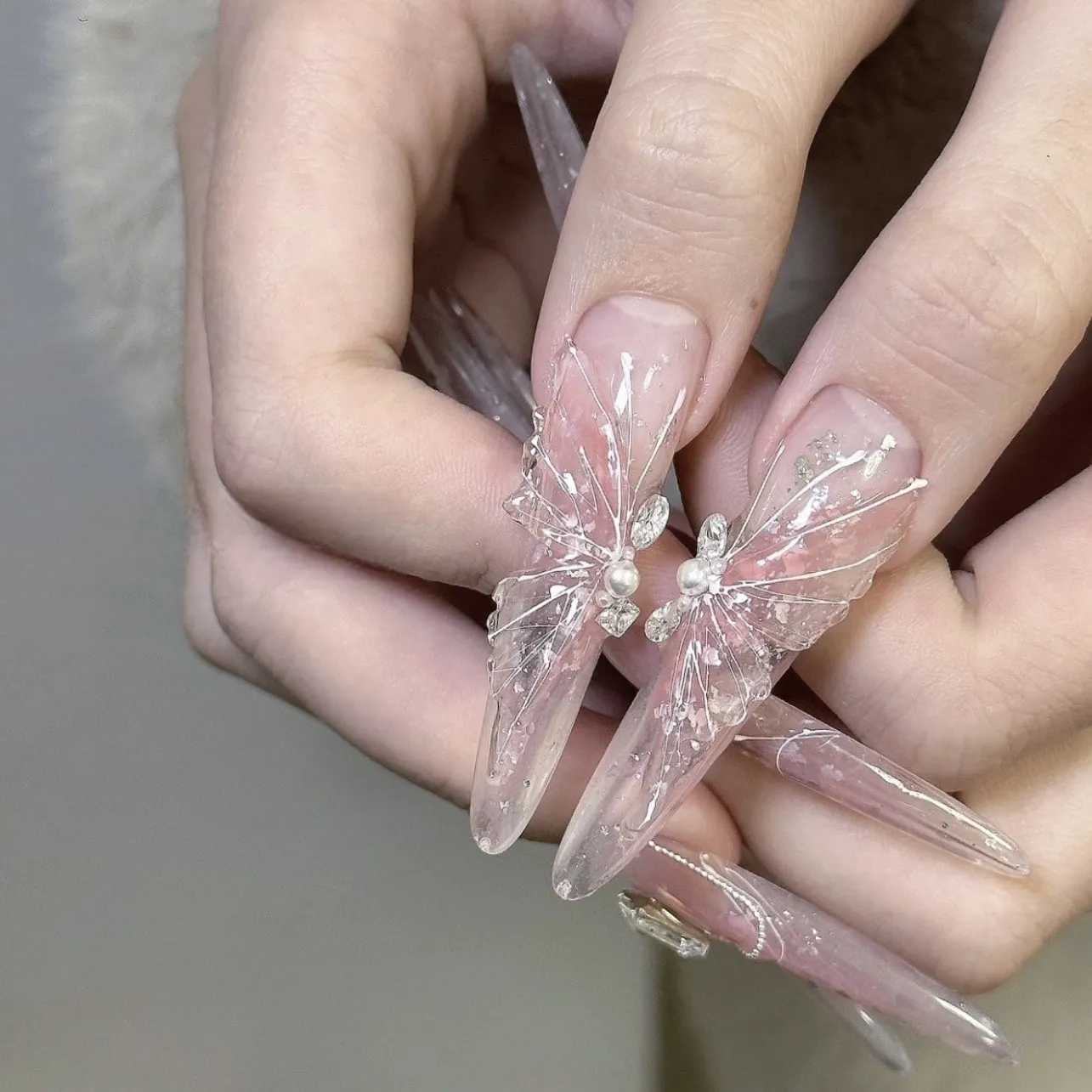 【冰晶蝴蝶】纯手工精品透粉色立体蝴蝶长款可拆卸指甲贴成品美甲