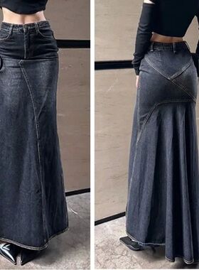 Vintage denim wrapped hip fishtail dress复古牛仔款包臀鱼尾裙
