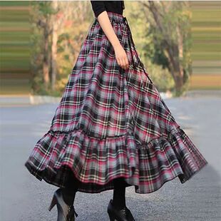 Plaid, high-waisted umbrella skirt清新甜美格子款大摆高腰伞裙