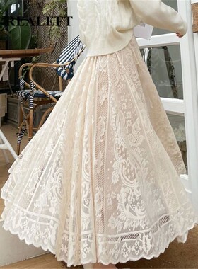 White lace skirt with cutout hooks女生镂空钩花白色蕾丝半身裙