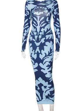 Printed Slim Fit Backless Long Sleeve Dress露背长袖连 衣长裙