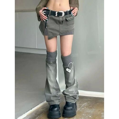 辣妹条纹拼接牛仔半身裙