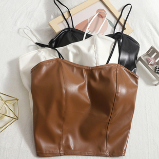 短款 Slim 一体杯细肩带背心PU Cropped Camisole Leather PU皮韩版