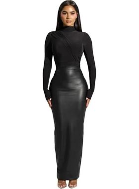 Black slimming back zip wrap hip dress黑色显瘦背面拉链包臀裙