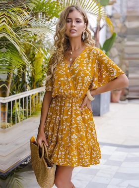 Casual V-Neck Printed Short Sleeve DressV领印花短袖连衣裙