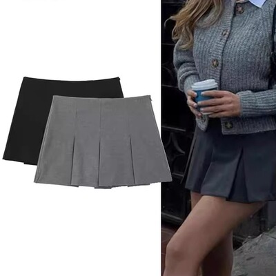 宽褶显瘦侧拉链迷你裙裤