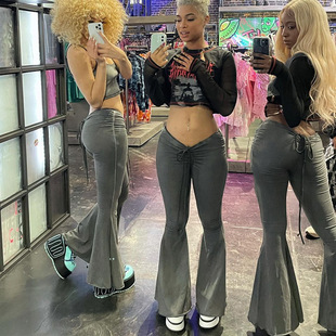 high rise flared ruched trousers抽褶系带提臀喇叭长裤 lace