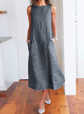 Striped Crewneck Sleeveless Fitted Dress条纹圆领无袖连衣裙女