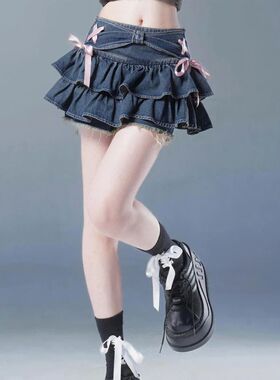 Blue denim low-rise pleated skirt辣妹蓝色牛仔低腰 双层百褶裙