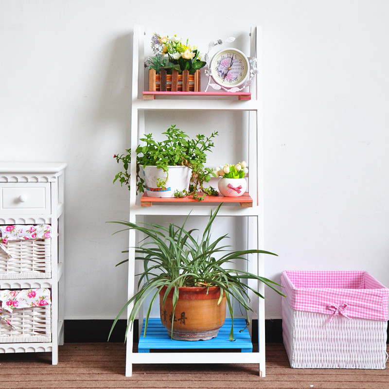 白色木质多层花架落地式绿植架