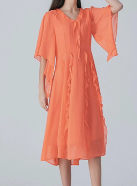 桑蚕丝乔其亮橙色V领五分袖飘带荷叶边装饰宽松双层真丝连衣裙