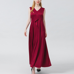 真丝双面缎浮红流丹V领无袖大摆优雅荷叶边桑蚕丝连衣长裙