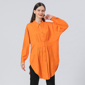 100%真丝提花快乐橙子POLO领褶皱单排扣优雅甜美风桑蚕丝衬衫