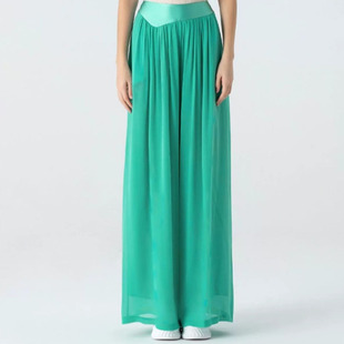 桑蚕丝乔其纱水蓝自然腰拼接弹力缎口袋双层宽松真丝直筒裤