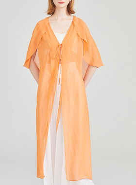 轻盈乔其纯桑蚕丝橘黄色飘逸飞飞袖绑带真丝开衫外套