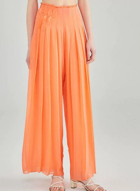清仓柚橙色双层乔其纯桑蚕丝木耳花边装饰自然腰侧口袋真丝长裙裤