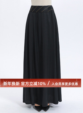 丝绸弹力斜纹明线装饰立体加捻工艺黑色垂顺A字桑蚕丝半身裙