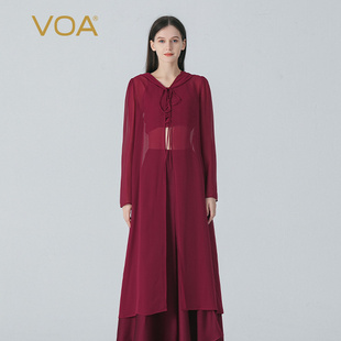 VOA桑蚕丝乔其酒红色连帽长袖系带宽松百搭中长款真丝风衣外套