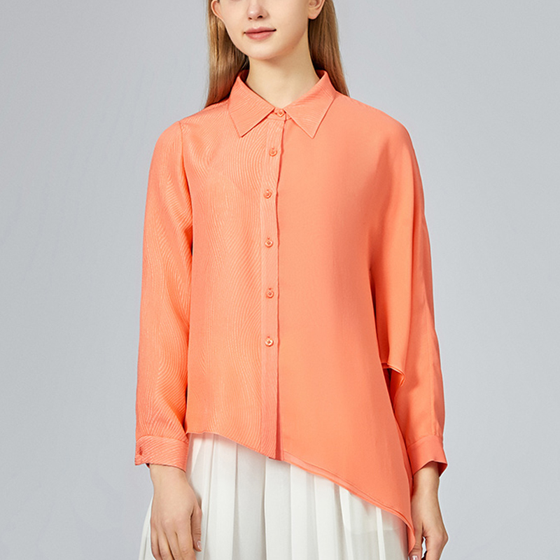 提花桑蚕丝衬衫领长袖单排扣拼接乔其不规则下摆宽松橙色衬衫