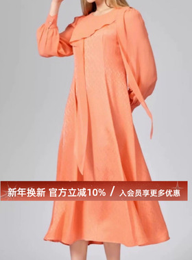 提花桑蚕丝橙色圆领活页拼接乔其衬衫袖飘带中长款真丝连衣裙