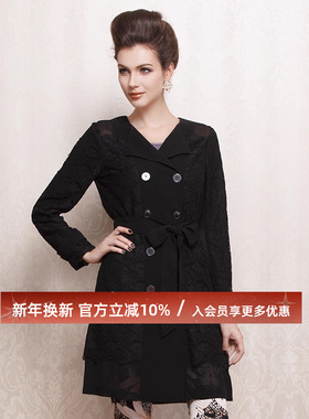 黑色双排扣长袖真丝风衣 蕾丝拼接桑蚕丝乔其中长款英伦风外套