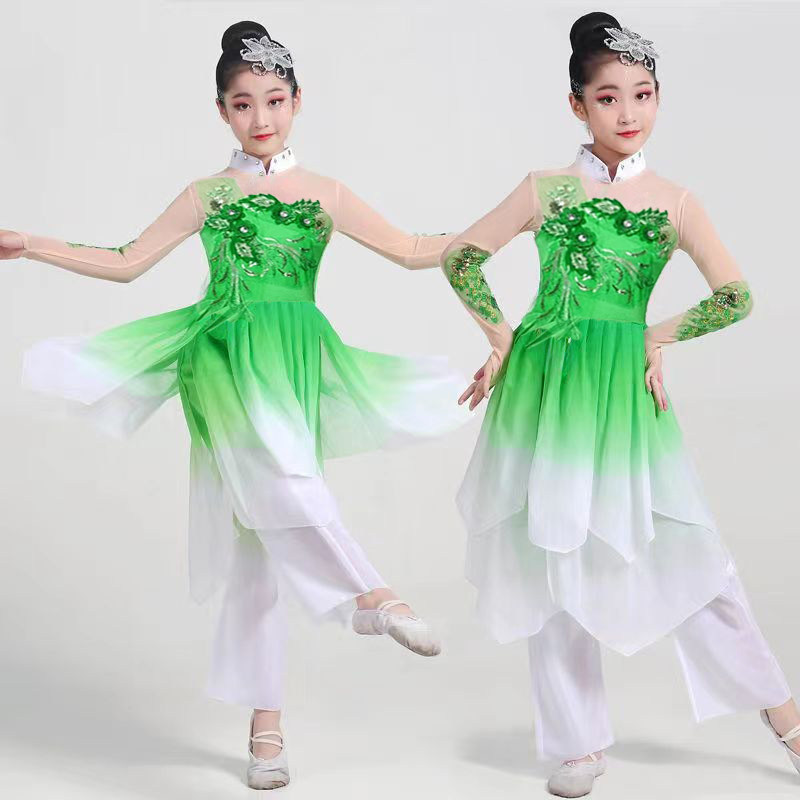 茉莉花舞蹈演出服儿童古典舞中国风民族女童绿色扇子伞表演舞蹈服