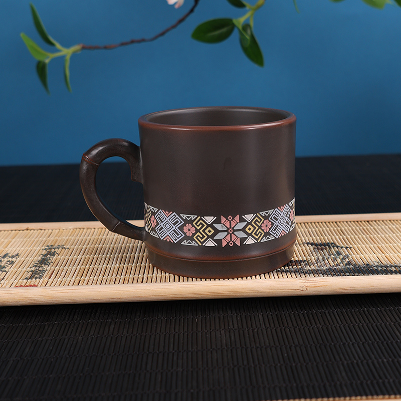 广西钦州坭兴陶壮锦条纹彩绘带把办公茶杯主人杯