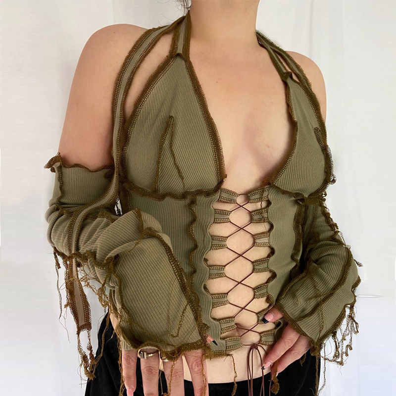 European and American patchwork sexy tight crop top胸前系带