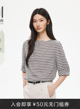 水云间女装夏季格子七分袖衬衫