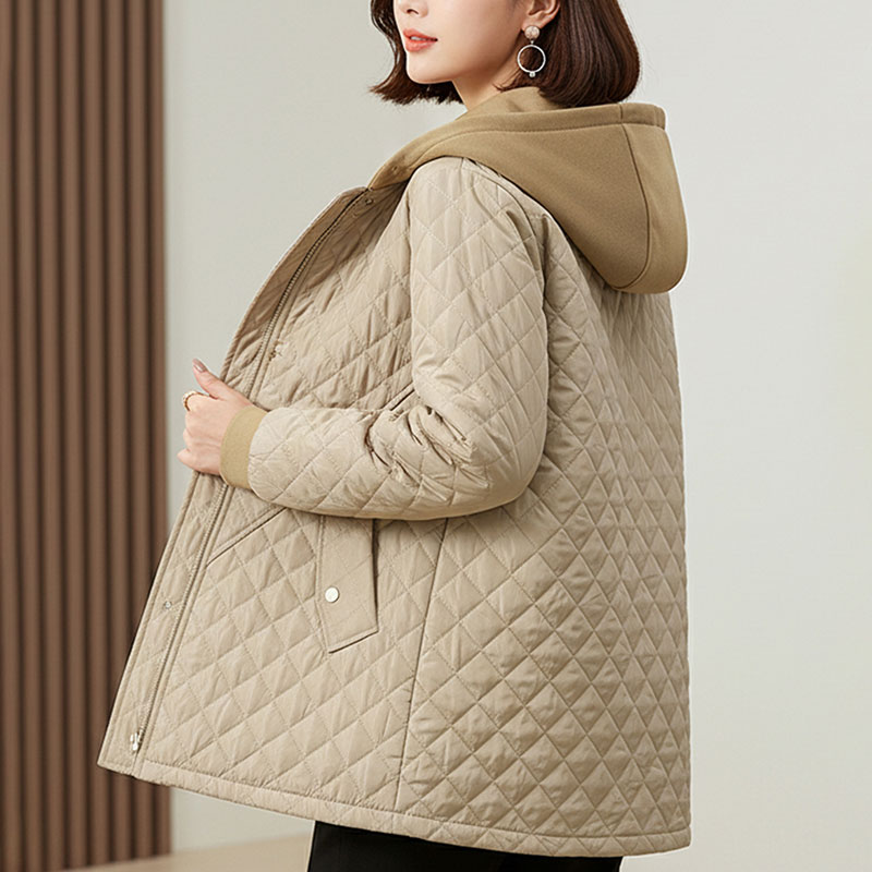 秋冬新款棉服女2025中长款妈妈大码宽松撞色连帽菱形格棉衣外套女