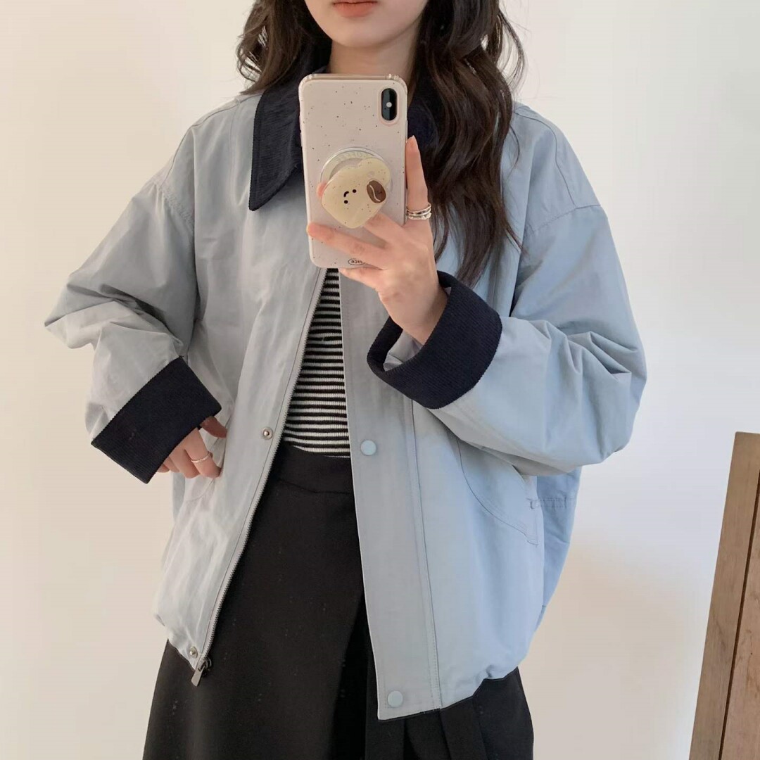 撞色翻领春秋季外套女精致2026新款时尚宽松百搭显瘦独特气质上衣