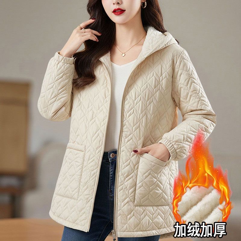 大码加绒棉服女中年妈妈连帽冬季保暖时尚休闲洋气棉衣外套棉袄女