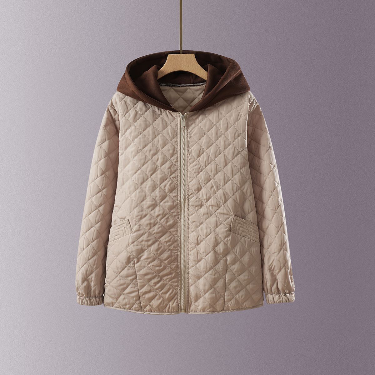 【90-220斤】大码棉服女中年妈妈款时尚撞色连帽菱格款轻薄棉衣女