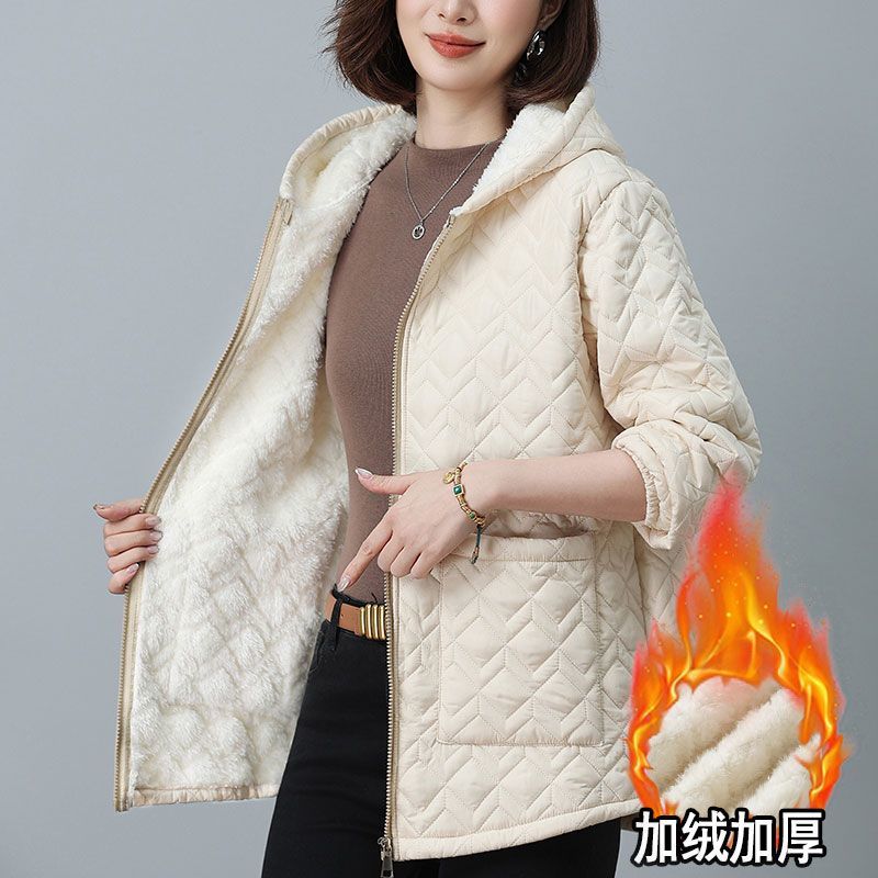 大码加绒棉服女中年妈妈连帽冬季保暖时尚休闲洋气棉衣外套棉袄女
