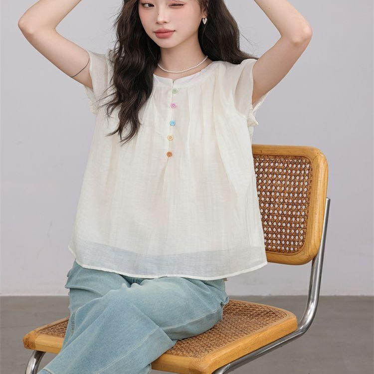 短袖衬衫女夏季2025新款爆款多巴胺宽松显瘦娃娃衫雪纺上衣高级感