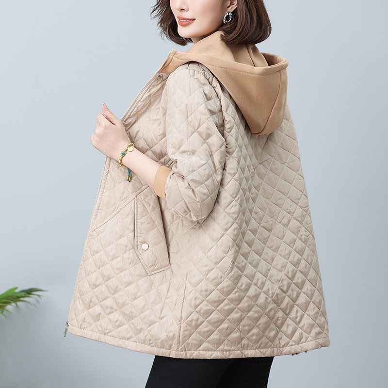 秋冬新款棉服女2025中长款妈妈大码宽松撞色连帽菱形格棉衣外套女
