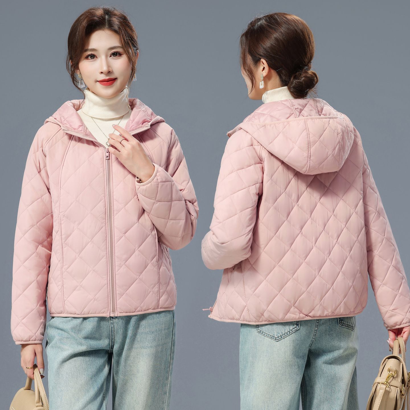 连帽减龄棉服女2025秋冬新款宽松韩版休闲菱形格棉衣纯色棉袄外套