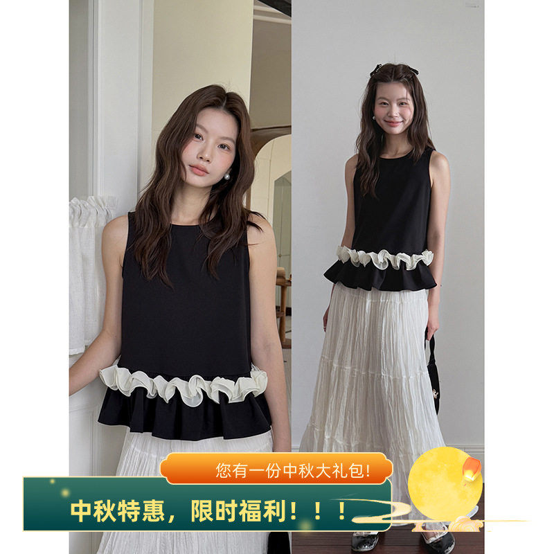设计感名媛风淑女上衣荷叶边下摆圆领背心女2026秋季撞色无袖上衣