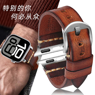 适用苹果手表表带apple watch s10/s9表带ultra2/s8/7手工复古真皮表带iwatch s6/se2/5男生新款s10代46mm49