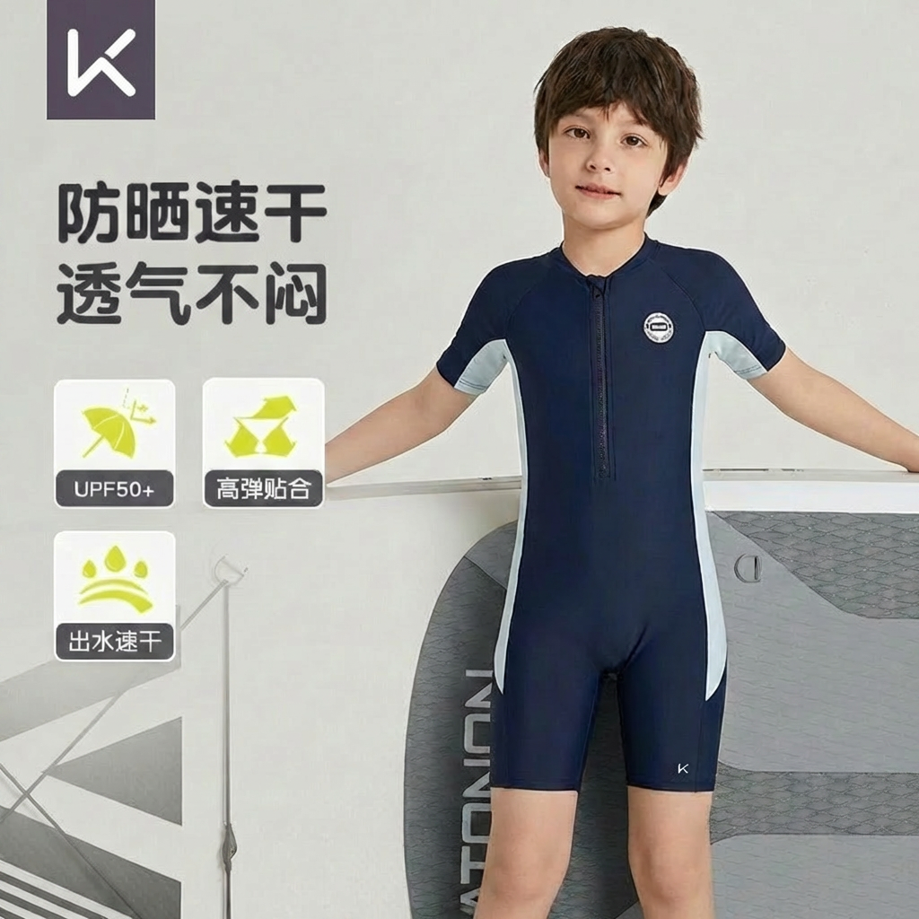 Keep儿童泳衣男童新款连体泡温泉男孩泳裤中大童专业游泳训练泳装