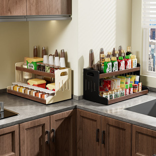 胡桃木厨房多功能刀架筷筒一体双层调料品置物架台面刀具收纳架